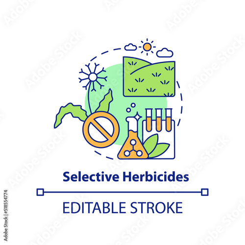 Selective herbicides concept icon. Source of agricultural productivity abstract idea thin line illustration. Isolated outline drawing. Editable stroke. Arial, Myriad Pro-Bold fonts used