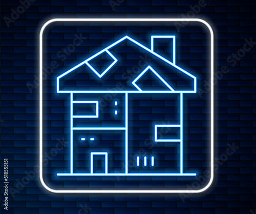 Glowing neon line Homeless cardboard house icon isolated on brick wall background. Vector