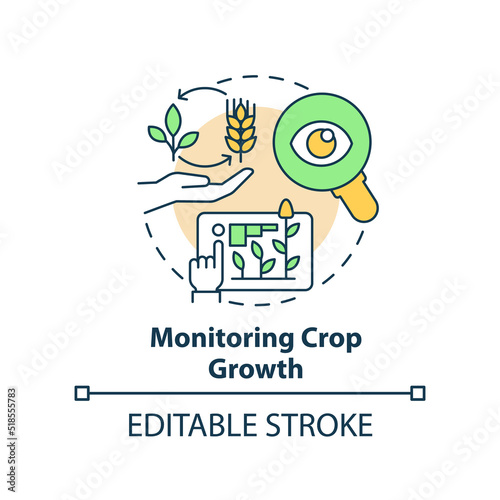 Monitoring crop growth concept icon. Observe progress. Increased crop yield abstract idea thin line illustration. Isolated outline drawing. Editable stroke. Arial, Myriad Pro-Bold fonts used