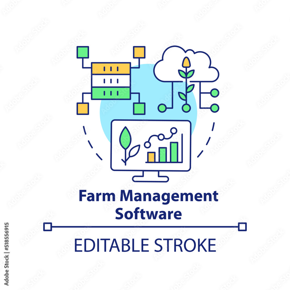 Farm management software concept icon. Increasing farming productivity abstract idea thin line illustration. Isolated outline drawing. Editable stroke. Arial, Myriad Pro-Bold fonts used Farm management software concept icon. Increasing farming productivity abstract idea thin line illustration. Isolated outline drawing. Editable stroke. Arial, Myriad Pro-Bold fonts used