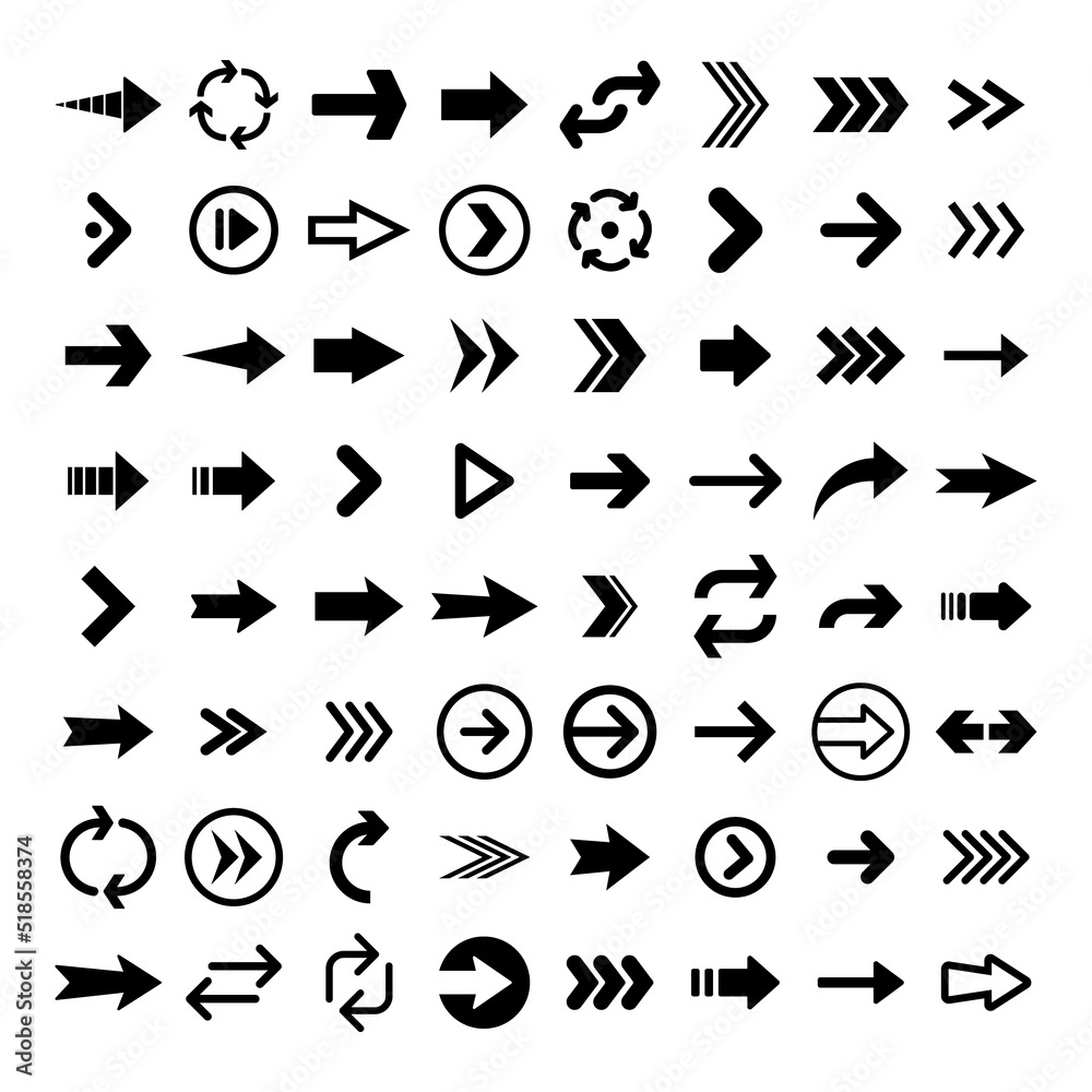 Arrows collection. Set of arrow pictogram icons. Arrowhead symbols. Arrows collection. Set of arrow pictogram icons. Arrowhead symbols.
