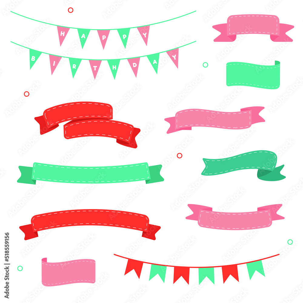 Birthday party decorative items flat vector illustrations and label set.