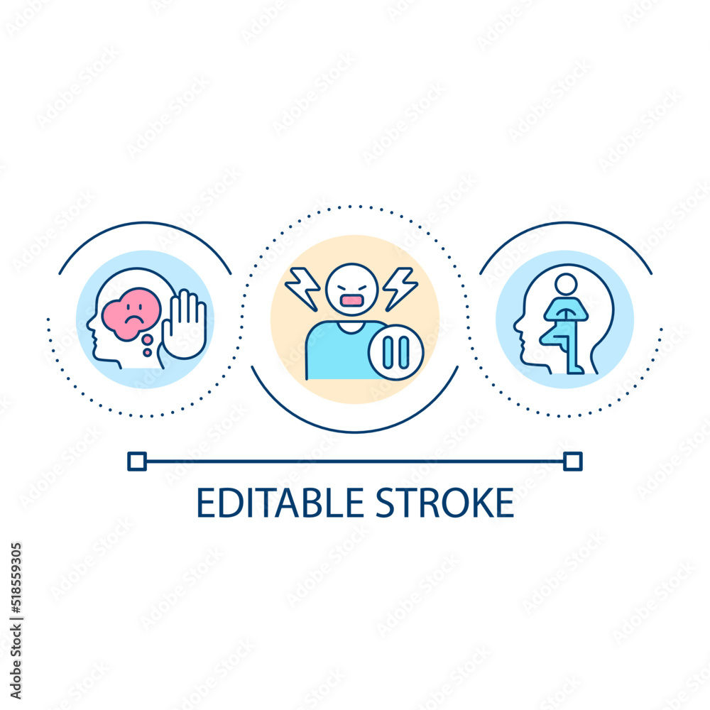 Control negative feelings loop concept icon. Stay calm. Attitude and mood. Emotional regulation abstract idea thin line illustration. Isolated outline drawing. Editable stroke. Arial font used Control negative feelings loop concept icon. Stay calm. Attitude and mood. Emotional regulation abstract idea thin line illustration. Isolated outline drawing. Editable stroke. Arial font used