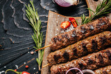 mix kebab meat. Kebab adana, chicken, lamb and beef. banner, menu, recipe place for text, top view