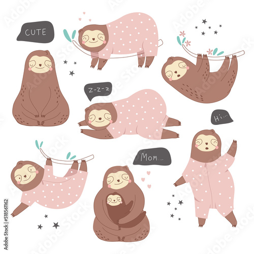 A set with a cute animal sloth on a white background. Vector illustration for printing on fabric, wrapping paper, clothing. Cute baby background