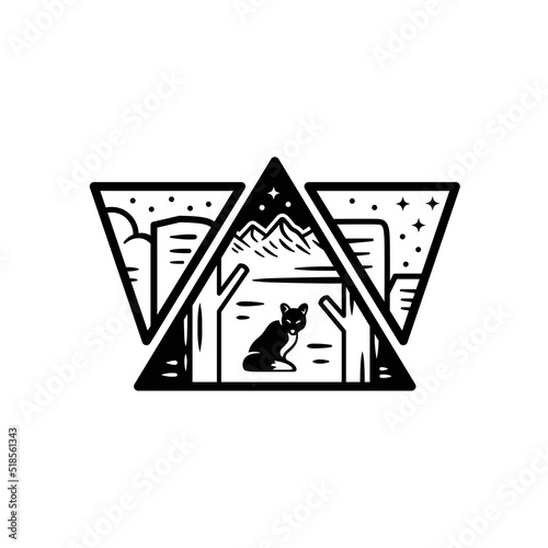Illustration of a red fox in a natural habitat in a minimalist style. Line art red fox enamel pin jewelry. Illustration design for apparel products, stickers, mugs, and other merchandise.