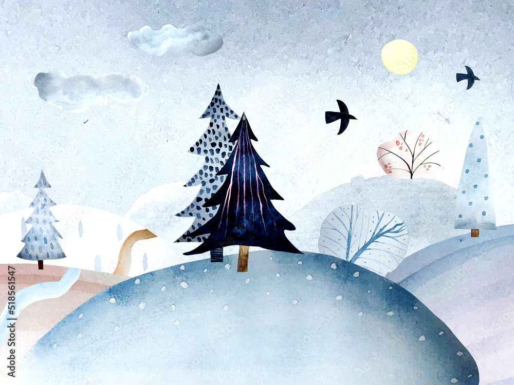 Fototapeta premium Cute winter watercolor lansdcape. Snow-covered forest.