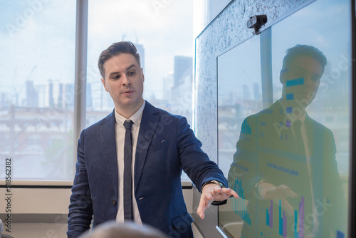 business man plans future projects to make  company profitable presentation in meeting room