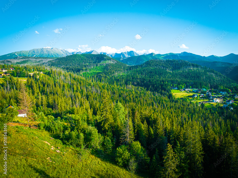Aerial view of the Tatra Mountains in Zakopane. View from the drone on the high Tatras, rocky mountains.