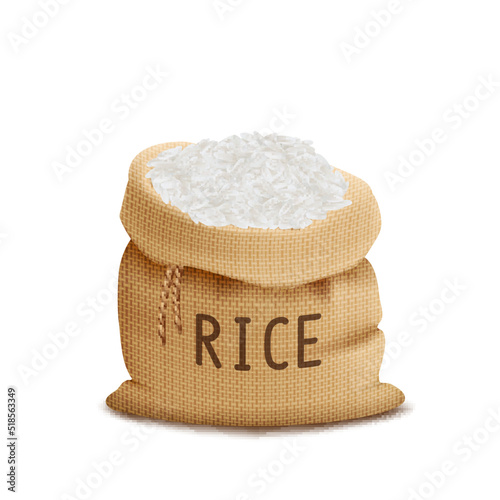 Burlap sack of white rice on a white background.