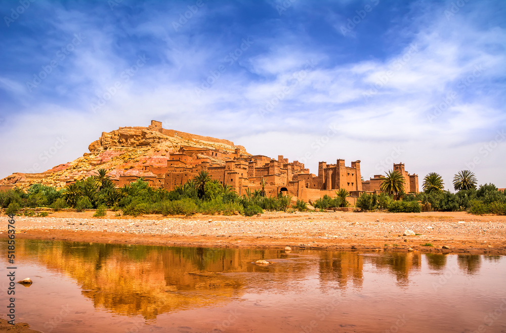 Fototapeta premium Amazing view of Kasbah Ait Ben Haddou near Ouarzazate in the Atlas Mountains of Morocco. UNESCO World Heritage Site since 1987. Artistic picture. Beauty world.