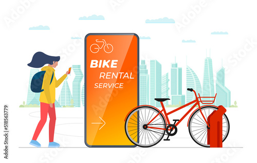Woman touching smartphone screen with bike rental mobile app. Girl hold smart phone with online bicycle rent application in modern city. Public cycle eco transport sharing service. Vector eps banner