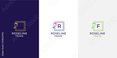 Rose frame logo with letter r f and line art style