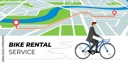 Man rides rented bike against city map with route. Bicycle rental service banner template. Public cycle transport sharing design concept. Urban eco transportation rent advertising. Vector illustration