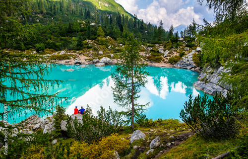 Travel concept. The famous lake Sorapis with turquoise water. Very popular location for photography and hiking in Dolomites Alps. Italy, Europe. Artistic picture. Beauty world
