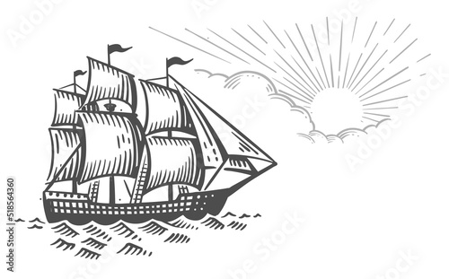 Sailing ship sketch. Old Fashioned Vintage