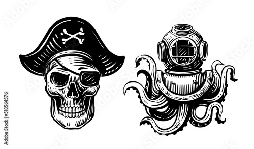 Skull pirate sketch. Scary skeleton with vintage sea octopus