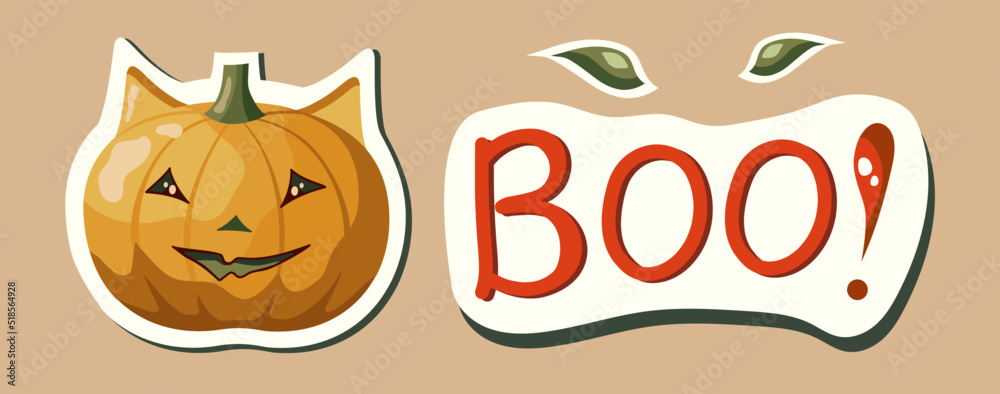 Autumn sticker pack. Set of Halloween illustrations with pumpkin. Cute and creepy fall stickers.