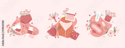 Flat menstrual design concept with feminine hygiene items and pads, panties, tampons, calendar, girl, on pink background, vector