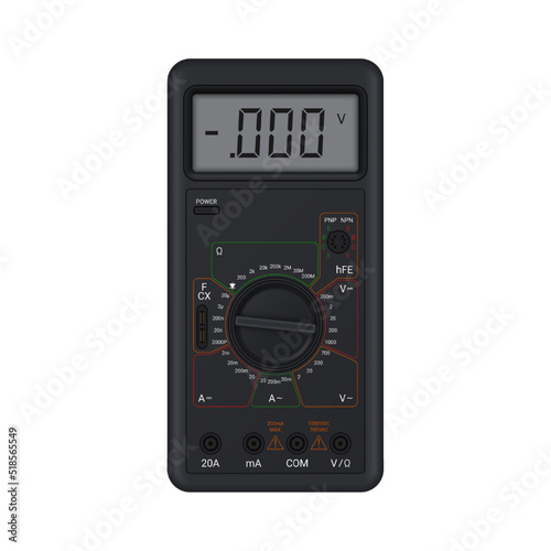 Realistic digital multimeter. Instrument for measuring voltage, current, resistance. Vector illustration.
