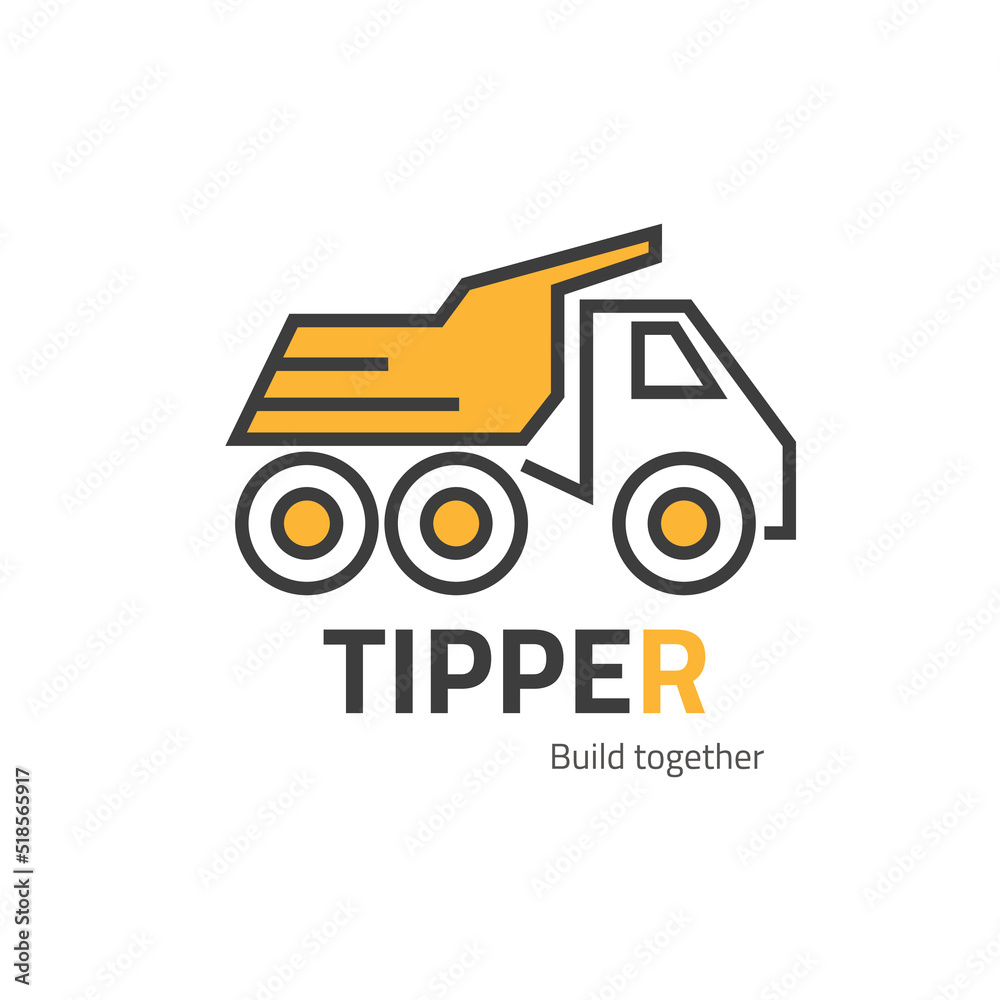 Dump truck logo on white background. Flat tipper vector illustration with orange color.
