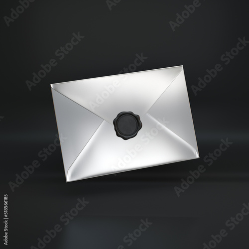 Silver closed envelope with black seal floating on a black background, 3d render