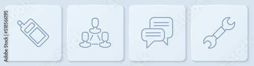 Set line Mobile phone, Speech bubble chat, Employee hierarchy and Wrench spanner. White square button. Vector