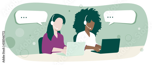 Customer service. Call center. Two women working and talking on the phone while typing on the computer. Customer Support. Illustration. Vector banner.
