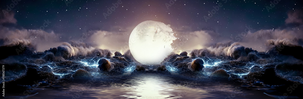 Night fantasy seascape with beautiful waves and foam. Night view of the ocean. Neon foam on water waves. Reflection in the water of the starry sky. 3D illustration. - obrazy, fototapety, plakaty 