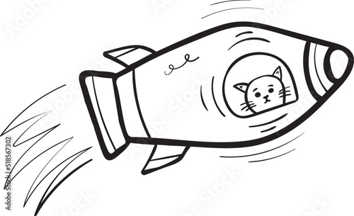 Flying space rocket doodle with cat. Vector clip art illustration