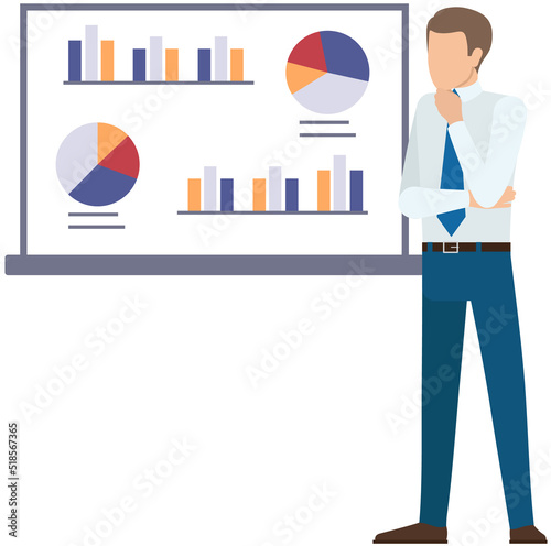Analytics information and development statistics. Web analysis measure, product testing technology. Man analyses dashboard seo optimization, digital report. Statistical indicators and data on diagram