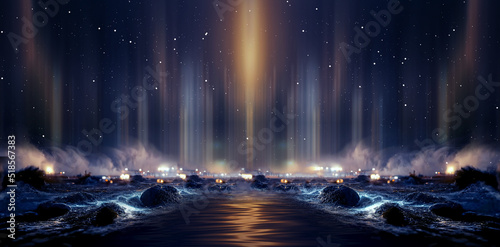 Night fantasy seascape with beautiful waves and foam. Night view of the ocean. Neon foam on water waves. Reflection in the water of the starry sky. 3D illustration.