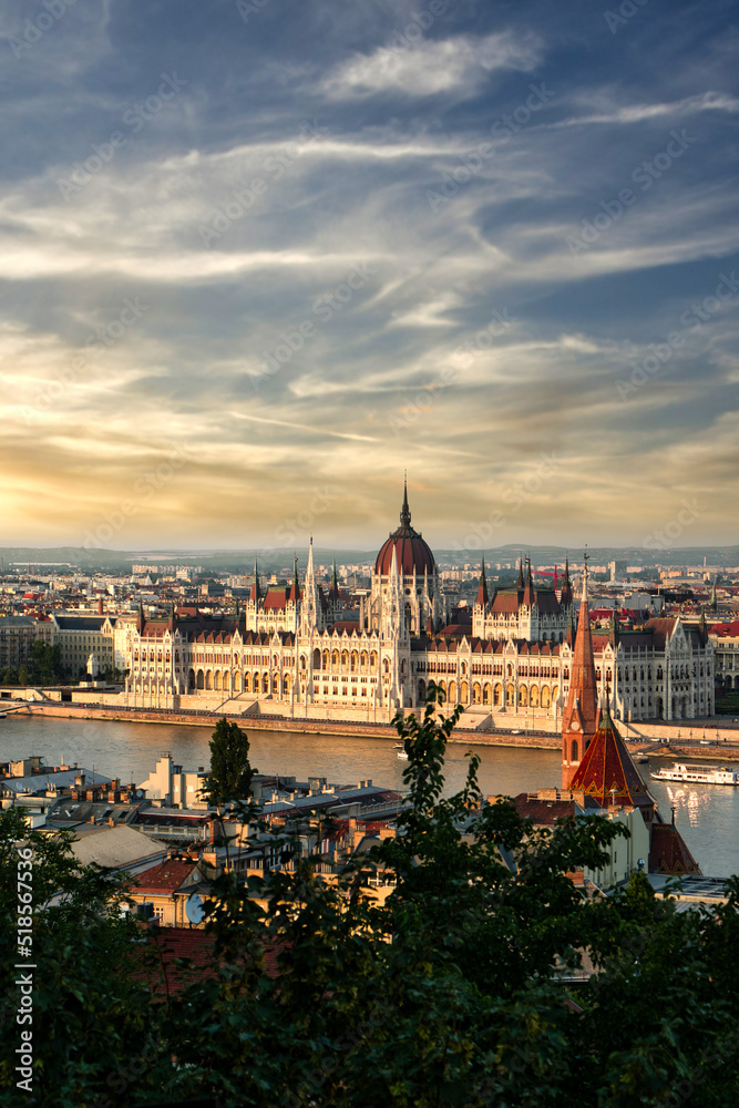 Panoramic view of the Parliament House building across river Danube inn Budapest, Hungary 