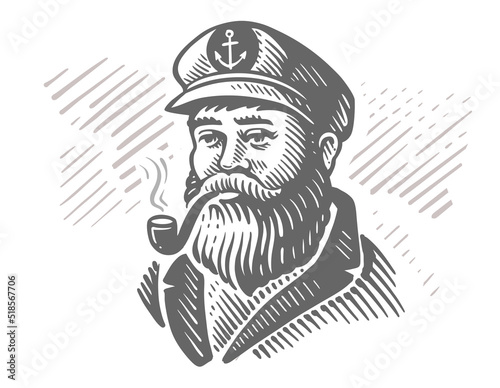 Sea captain old sailor with pipe engraved sketch.
