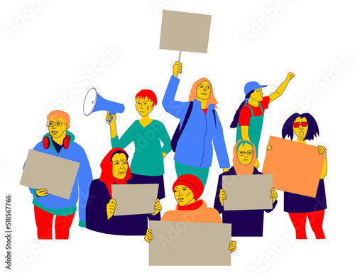 Women protest against abortion ban and war. Feminists fight for freedom, equality, human rights. Girls hold posters. Empty space for lines. Concept of female activism. Flat design illustration, vector