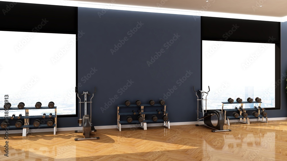 Black blank wall in modern gym interior with wooden floor Black blank wall in modern gym interior with wooden floor