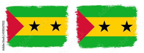 A set of two vector brush flags of Sao Tome and Principe with abstract shape brush stroke effect