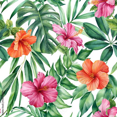 Palm leaves, tropical flowers, hibiscus watercolor botanical illustration. Seamless patterns.