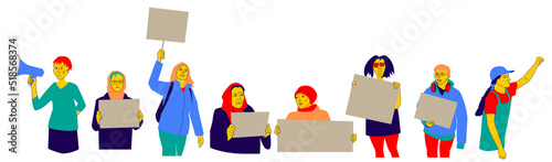 Women protest against abortion ban and war. Feminists fight for freedom, equality, human rights. Girls hold posters. Empty space for lines. Concept of female activism. Flat design illustration, vector