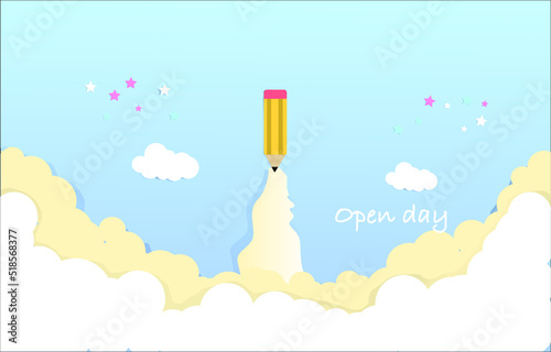 pencil rocket flying into the sky Icon showing the opening day.Back to school paper art work