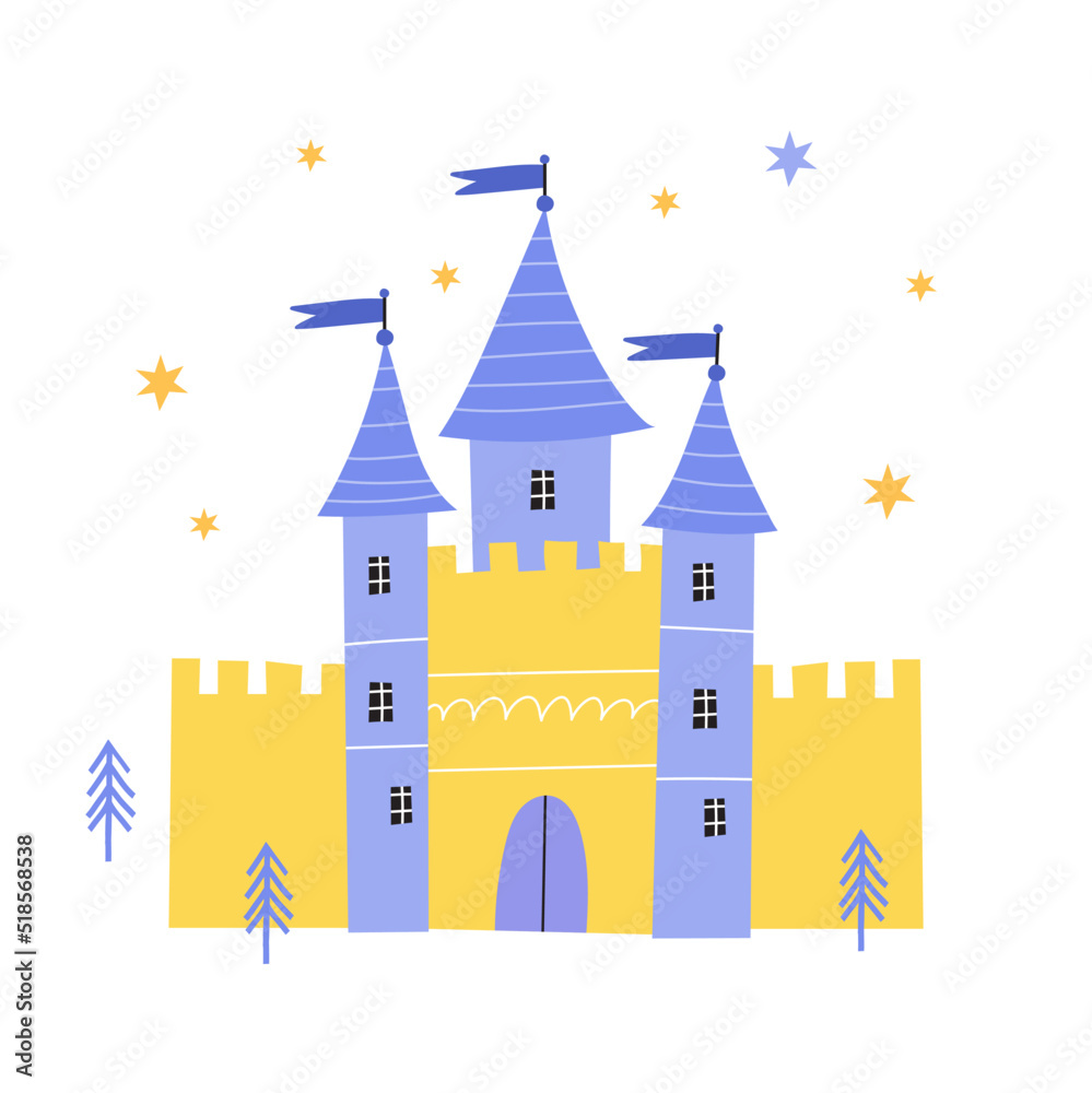 Fairy tale princess castle - vector illustration in flat style. Fantastic cute castle - fairytale kingdom