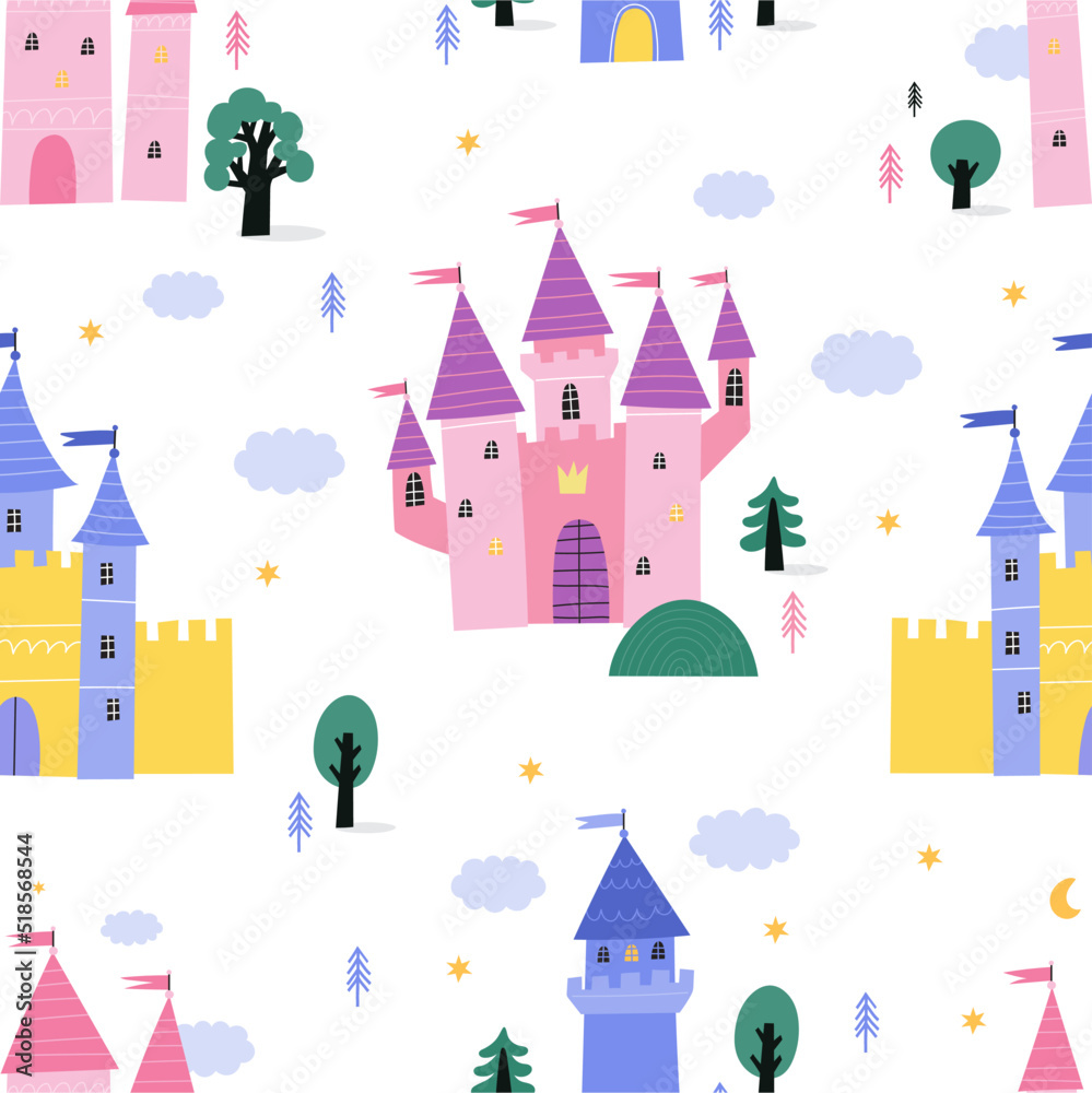 Fairy tale princess castle - vector illustration in flat style. Fantastic cute castle - fairytale kingdom seamless pattern