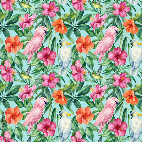 Palm leaves, tropical flowers and parrot. Watercolor illustration. Seamless patterns.