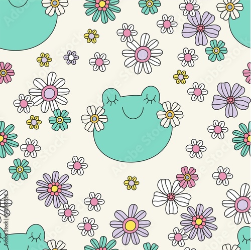 Groovy baby animals - vector print. Hippie flower, frog - retro textile print. Vintage seamless pattern