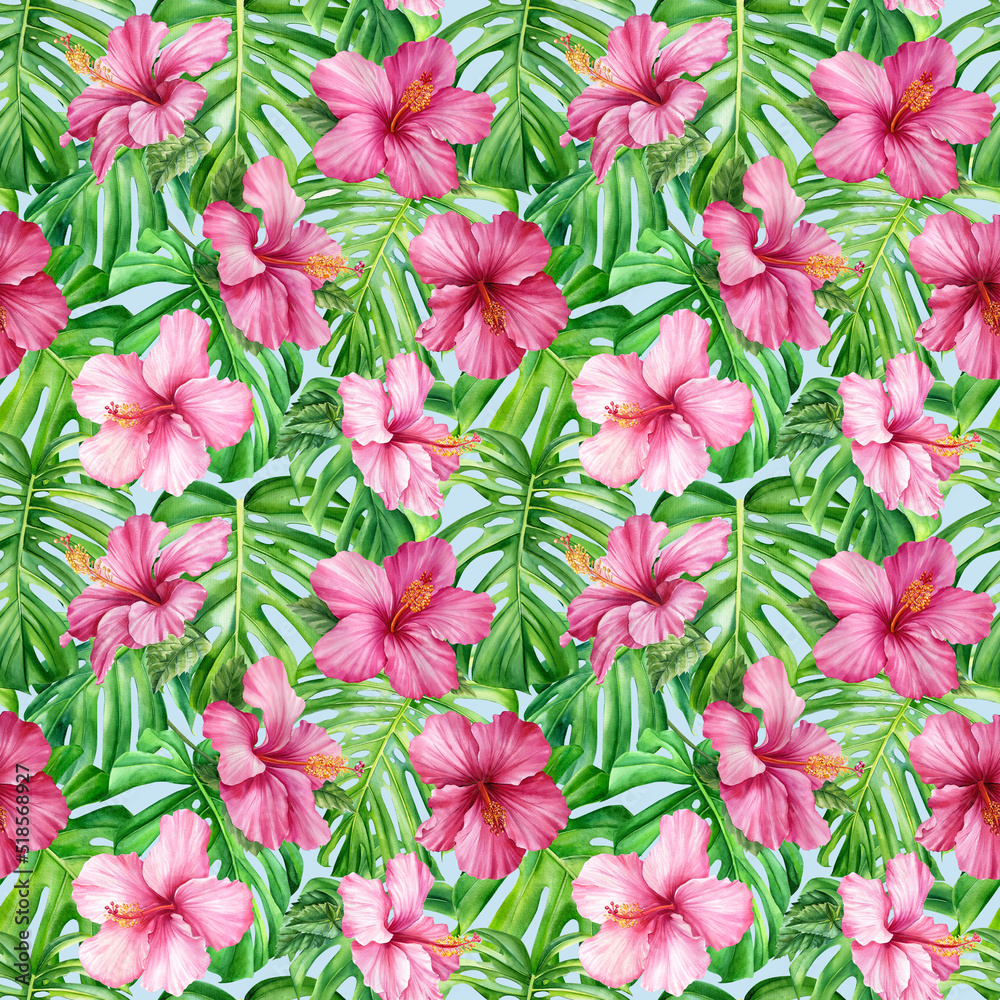 Seamless tropical pattern. Palm leaves, tropical pink hibiscus flowers. 