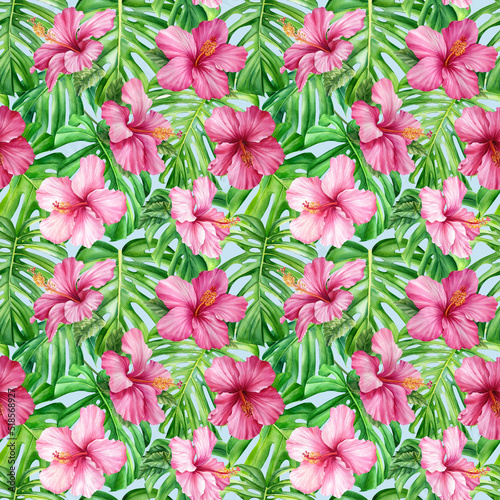 Seamless tropical pattern. Palm leaves  tropical pink hibiscus flowers. 