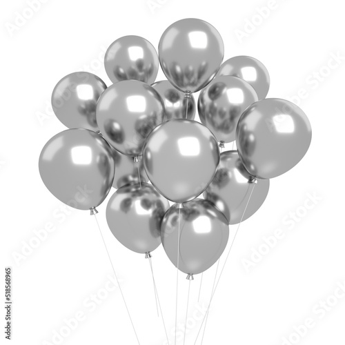 Silver white balloons isolated transparent for happy birthday and anniversary celebration mockup, 3d rendering