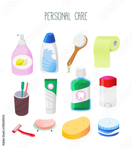 Collection of hygienic supplies and goods from cosmetics department in grocery store. Personal care goods. Isolated vector image