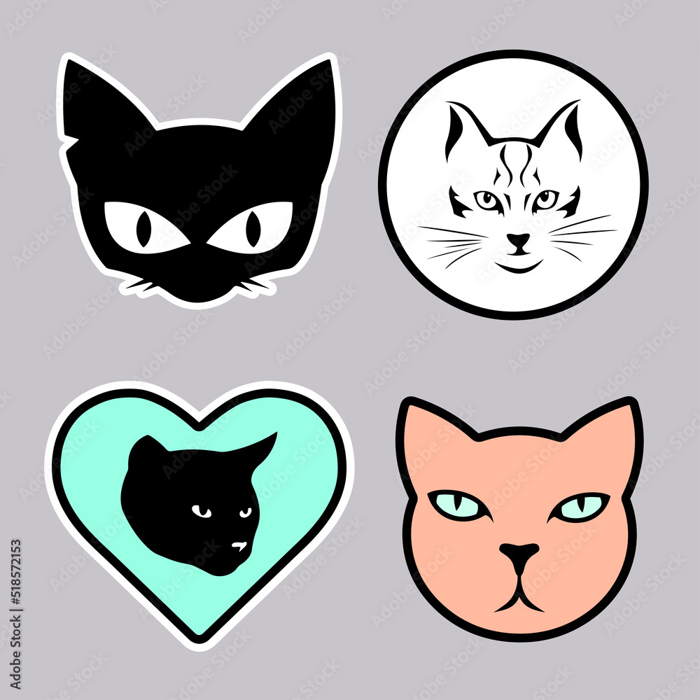 Cute cats as sticker pack for design websites, applications, logo, icons, signs or social network communication. Different pretty kittens as stickers for web design. Various colored stickers with cats