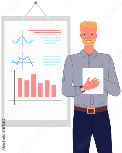 Analytics information and development statistics. Web analysis measure, product testing technology. Man analyses dashboard seo optimization, digital report. Statistical indicators and data on diagram